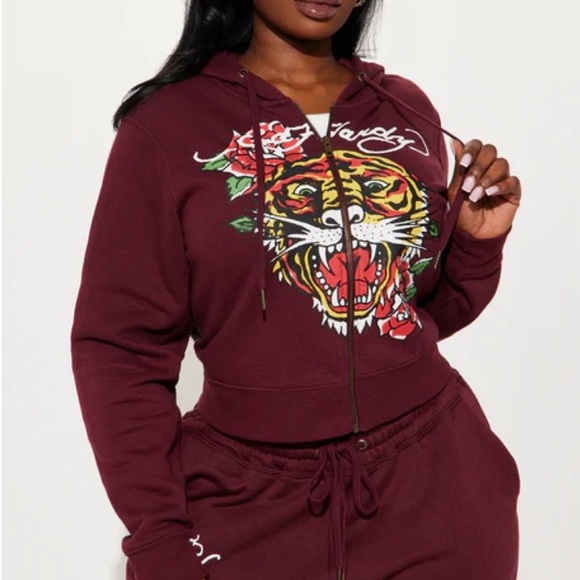 Ed Hardy Maroon Joggers w/ Hoodie with Tiger Print - Picture 6 of 10